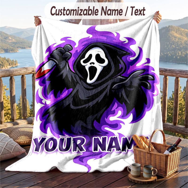 Custom Text Flannel Throw Blanket, Lightweight Cozy Bed Sofa BlanketScream Ghostface