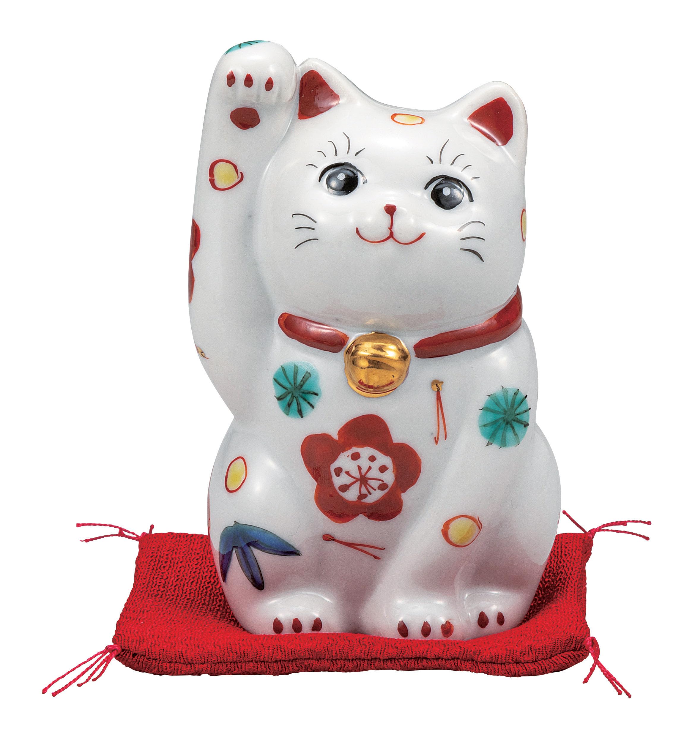 

Kutani Ware Good Fortune and Right with Size and Plum Blossom Maneki-neko Figurine, Wealth, Handed, Cushion, 11.5cm Tall, 3.5, Pine, Bamboo, Design, белый