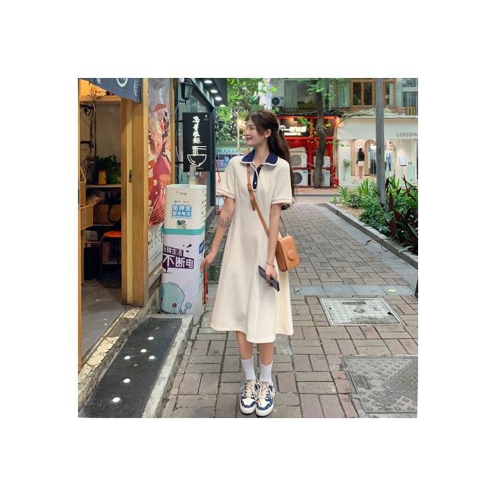 Academy style splicing button color matching polo collar dress high-end temperament women's A word medium and long dress