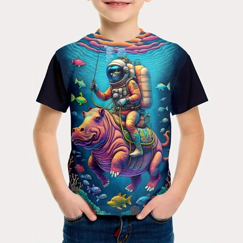 2025 Kids Clothes Summer Cartoon Astronaut Round Neck Short Sleeve Graphic T Shirts Fun Children's Clothing T-Shirt for A Boy