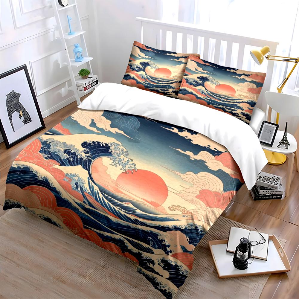 Japanese Wave and Red Sun Bedding Set Bedding set (1 duvet cover, 2 pillowcases, duvet not included)