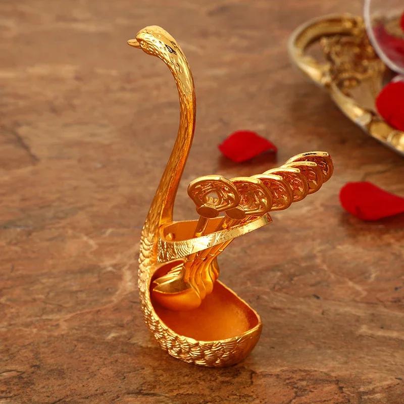 7pcs Spoon Set Zinc Alloy Coffee Spoon with Swan Shaped Holder Creative Design Premium Dessert Utensils For Tea Beverage Ice Cream Stirring Tools