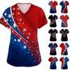 Women's V-neck Independence Day Print Short-sleeved Pocket Side-opening Protective Work Shirt