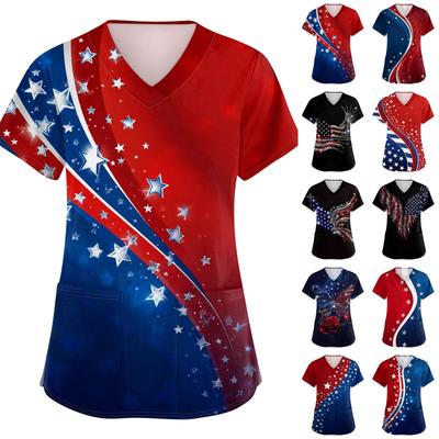 Chemise de travail de protection à manches courtes, col en V, imprimé Jour de l'Indépendance, poche, ouverture latérale pour femmes