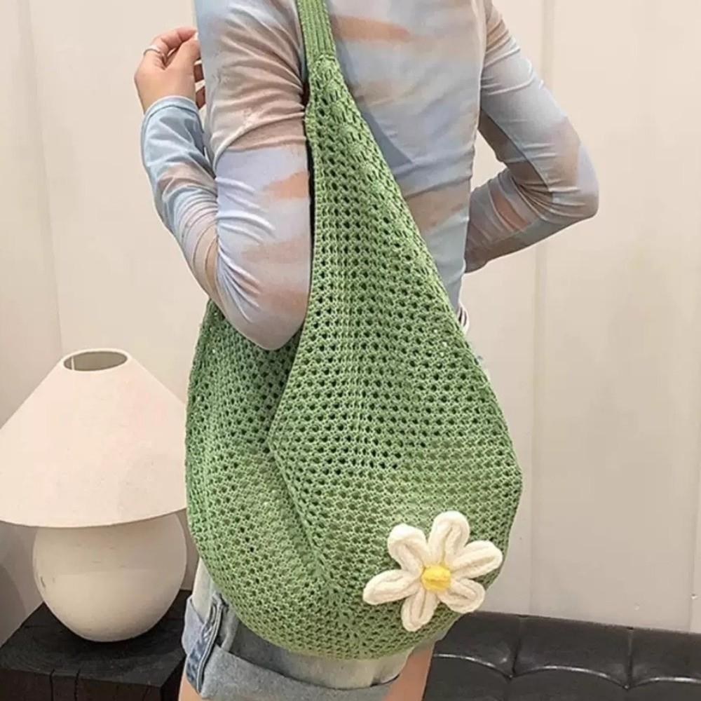 Solid Color Knitting Shoulder Bag Flower Large Capacity Bohemian Crochet Tote Bag Versatile Hollow Out Casual Woven Handbag