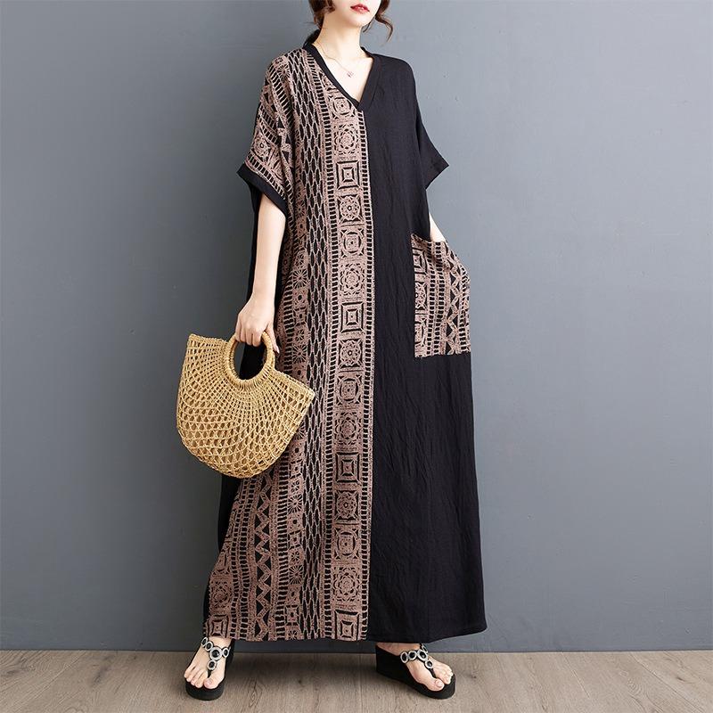 Skutečné léto Nové literární Velká velikost Volné s potiskem Výstřih do V Krátký rukáv Dámské dlouhé šaty