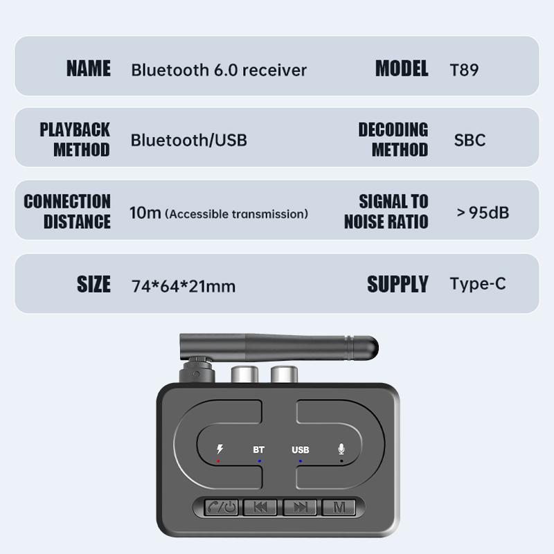 Bluetooth 6.0 Audio Receiver 3.5mm AUX RCA With Mic HIFI Stereo Wireless Adapter Support USB U-Disk For Car Speaker Amp
