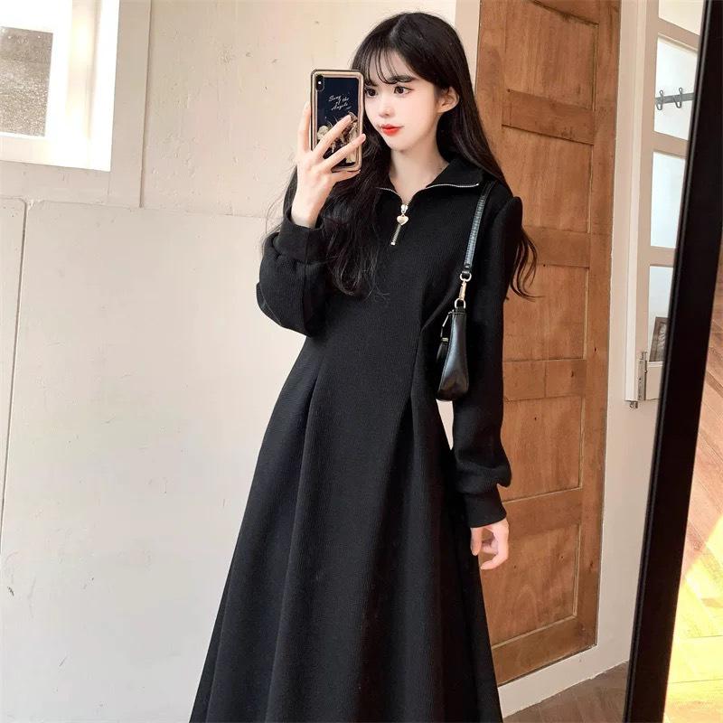 

Hepburn-style French Dress: Plus Size Slimming, Autumn/Winter, Cinched Waist, Polo Collar, Structured Shoulders, Inner Layer S чорний