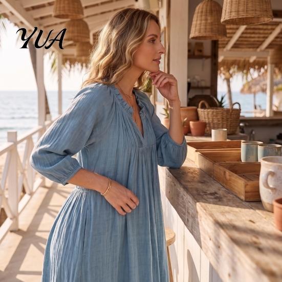 Spring Autumn Dresses Bohemian Ruffle V-Neck Long Dress, 3/4 Sleeves Maxi Dress for Comfortable Women Women, Solid Color Casual Loose Fall