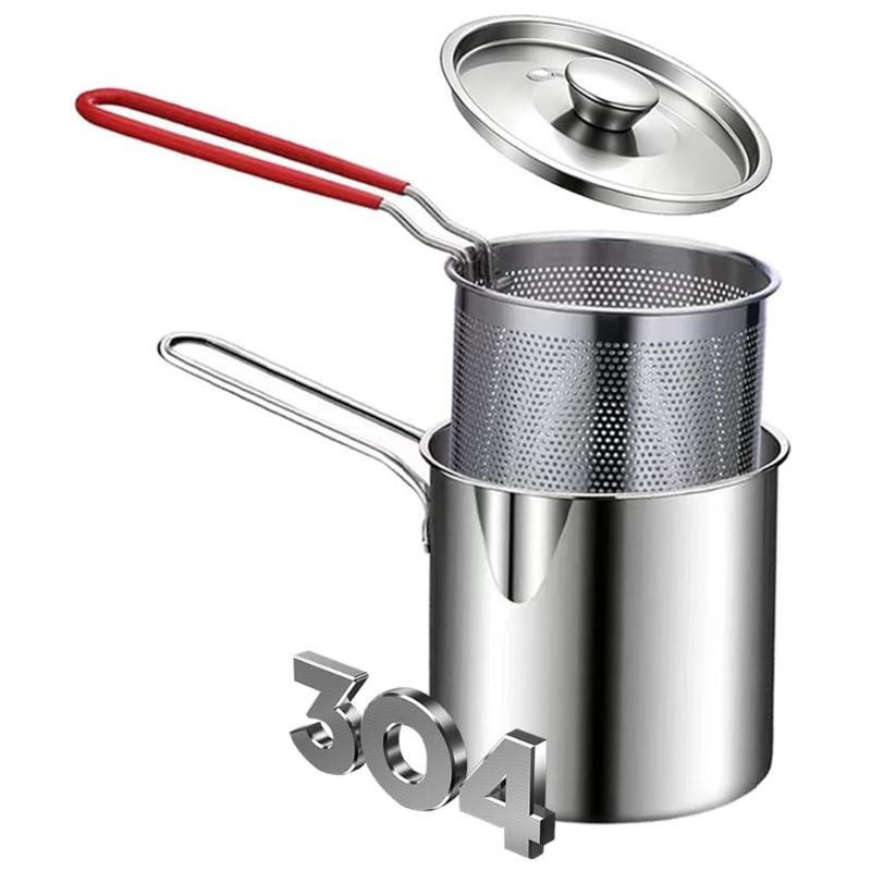 Type 304 Steel Stovetop Frying Saucepan Set with Removable Perforated Basket, Lid, and Narrow Deep Shape for Frying Modest Servings and Draining