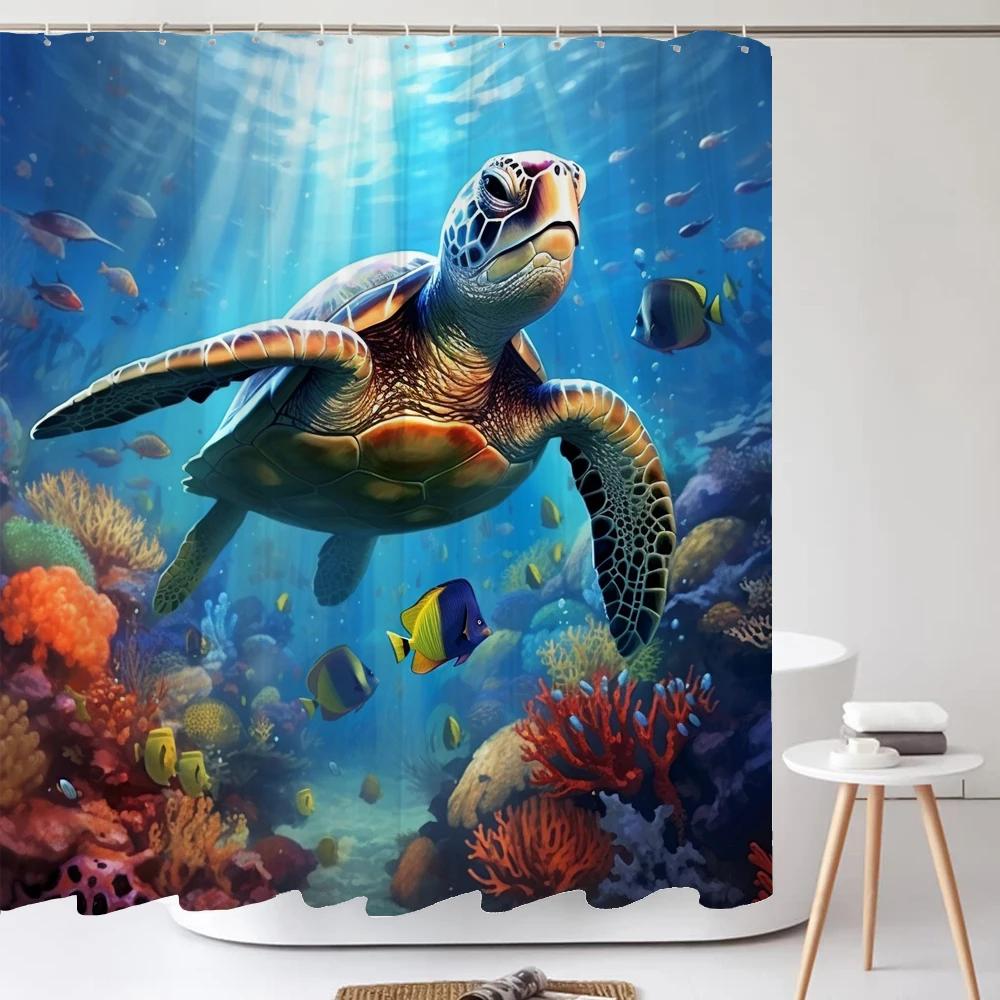 Dolphin Shower Curtain, Blue Underwater World Marine Life , Polyester Fabric Kids Ocean Theme Bathroom Decor Set with 12 Hooks
