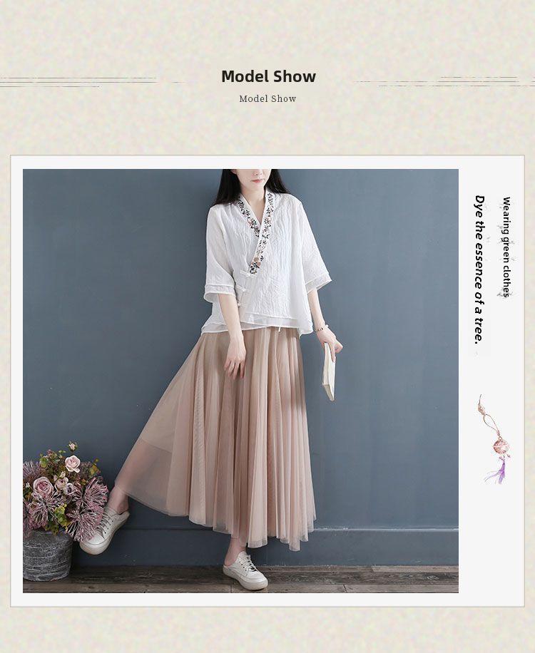 Women's V-Neck Cotton & Linen Shirt - Loose Fit, Short-Sleeve, Spring/Summer 2024 Collection