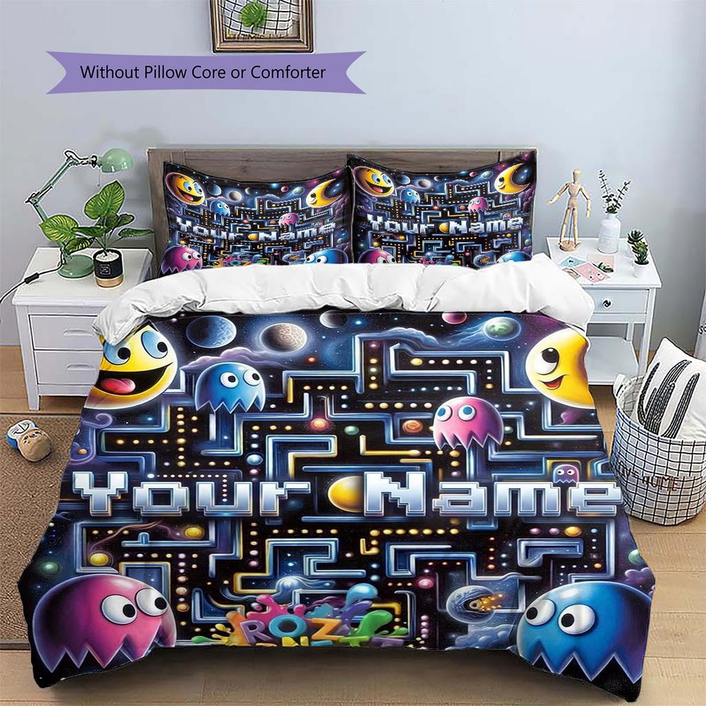 Pac-Man Custom Name Pattern Bedding,Quilt Set Quilt Cover Pillowcase Home Birthday Gift(1 * Duvet Cover + 2 * Pillowcase, Without Core)