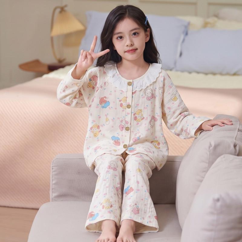 Girls Long Sleeve Pajama Set Cotton Cloud Fabric Loose Fit Cartoon Print Home Wear Ages 8