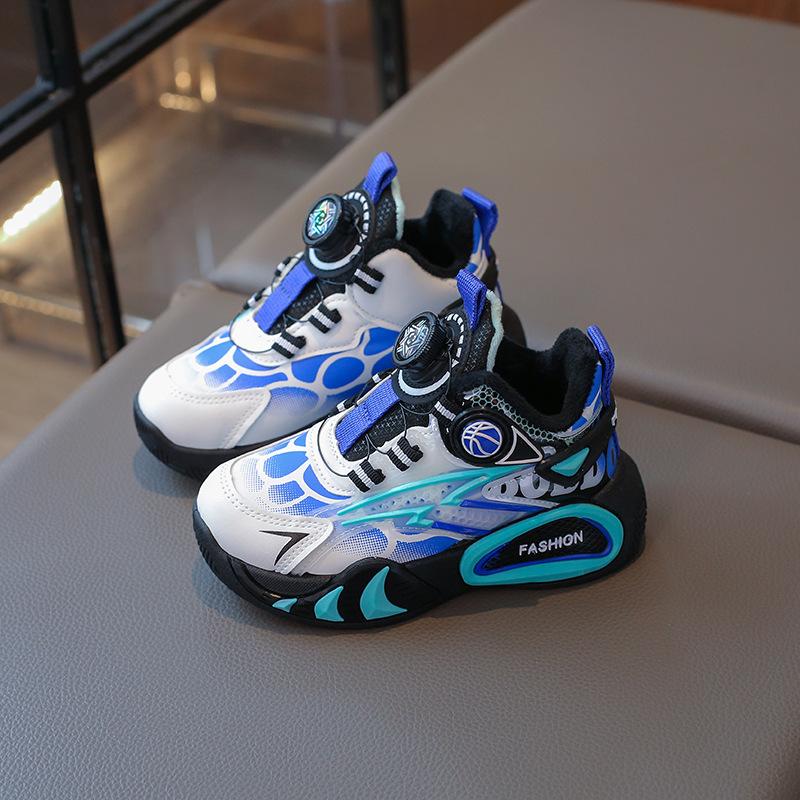 Boys' Fleece-lined Thickened Stylish Sneakers, New Winter Model for Older Children, with Rotating Buckle Casual Shoes