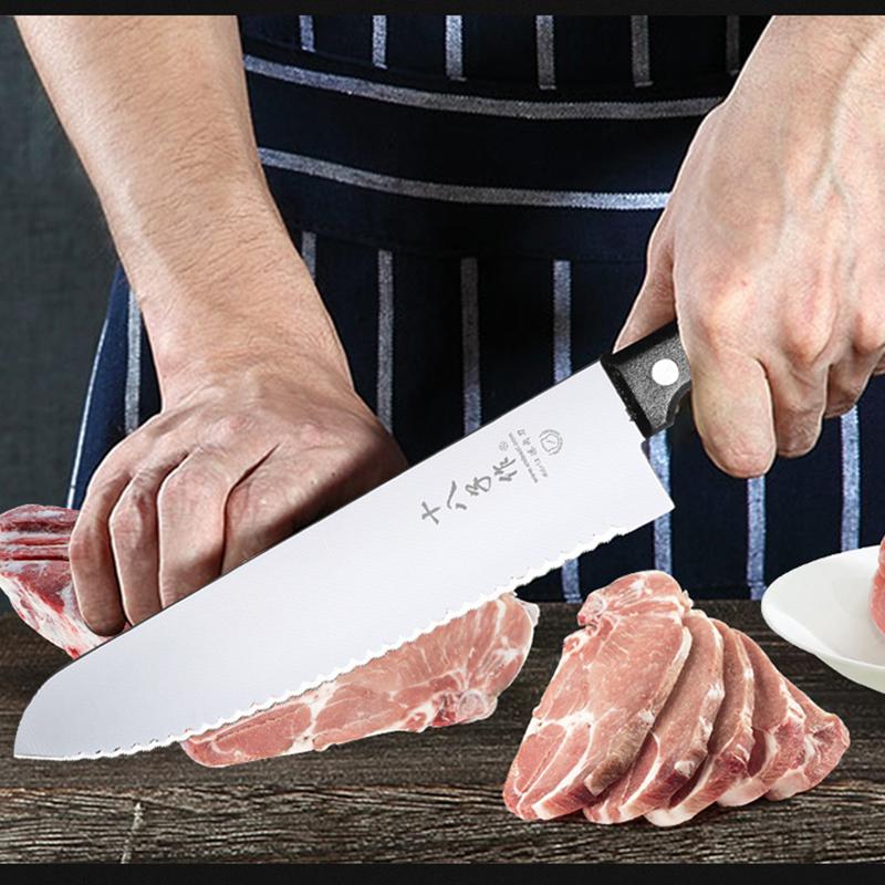 Shibazi Cleaver Knife Stainless Steel Serrated Frozen Food Meat Bread Steak Vegetable Barbecue Slicing Multifuntional Chef Knife