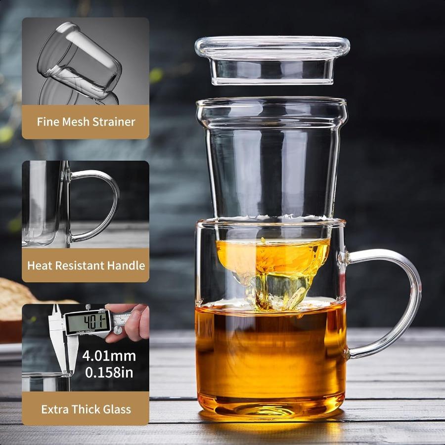 Teacup Glass Tea Cup with Infuser and Lid 17.6oz 520ml Clear Tea Mug for loose leaf tea steeper Blooming Tea Bags Glass Teapot