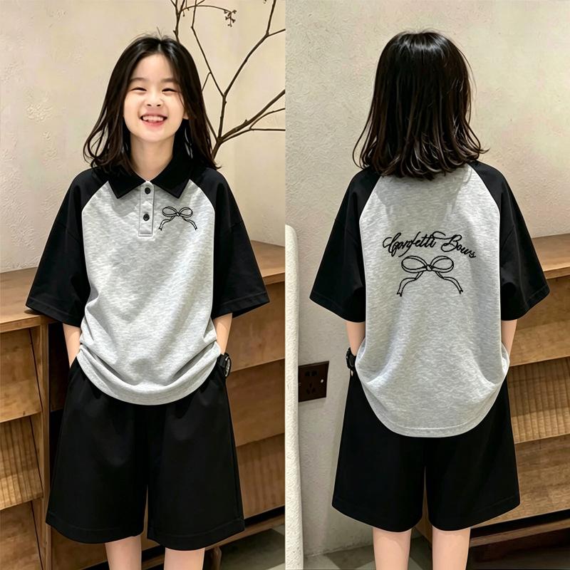 Girls' Loose Lapel Short-Sleeve Patchwork Polo T-Shirt Set - Summer Fashion for Medium & Large Children