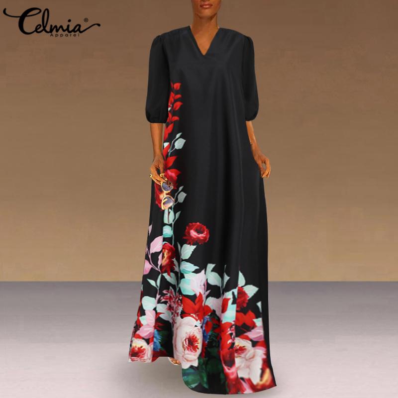 

Celmia Весенняя Женская цветочная принт V шея Половина рукавов A-Line Свободная длинная рубашка Платье