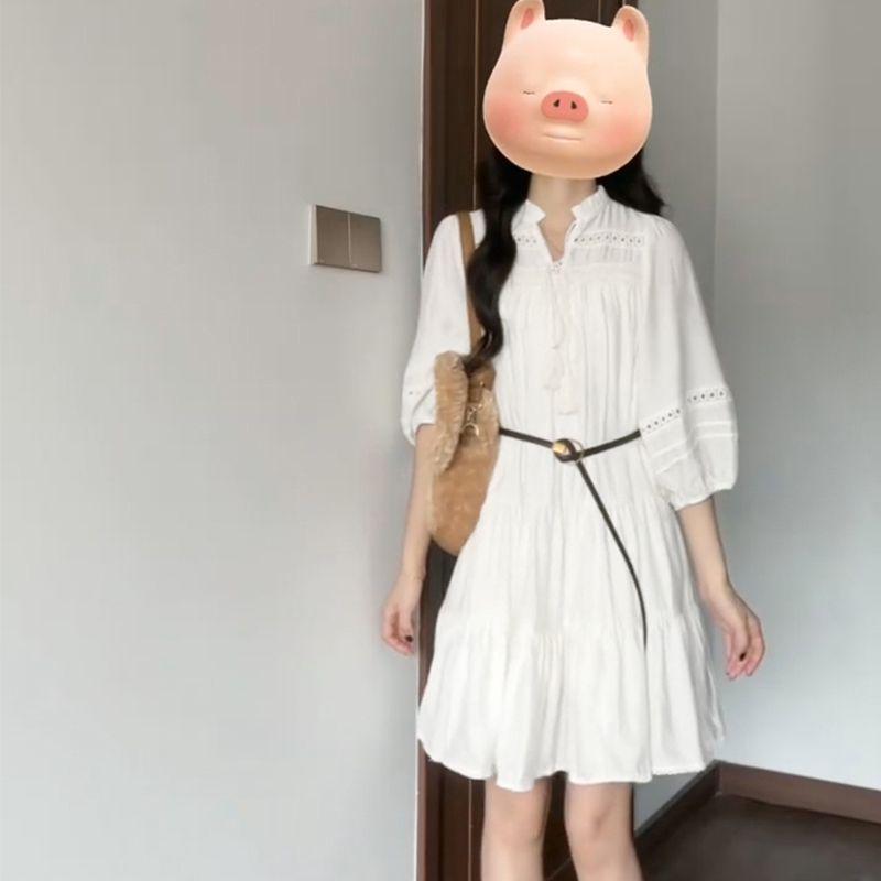 Women's French White Puff Sleeve Shirt Dress - Petite & Tall, Long Sleeve, Spring/Autumn Holiday Style