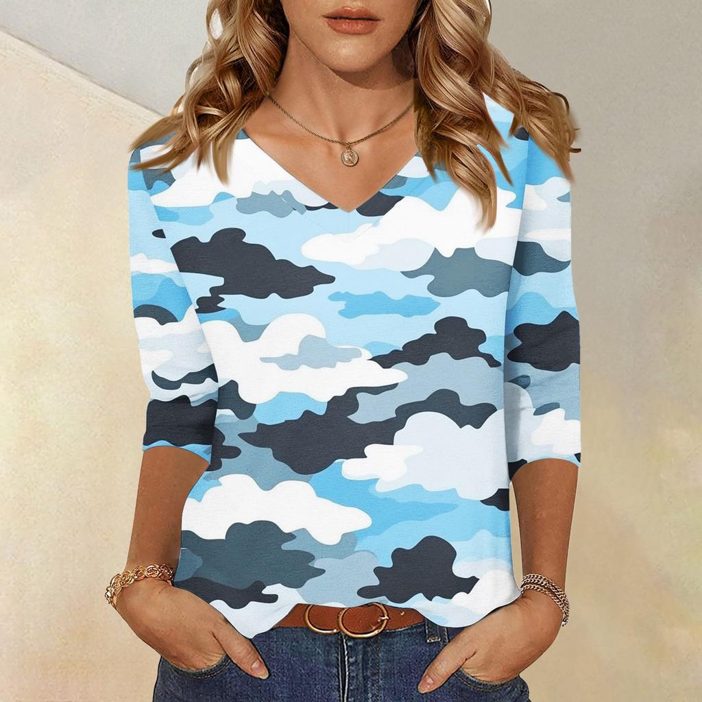 Women's Tops Three-quarter Sleeve Shirt V-neck Loose Casual Shirt Textured Printed T-shirt