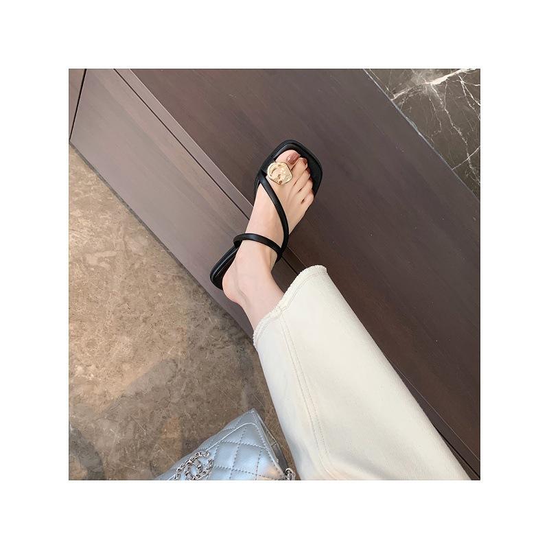Sheepskin~ Grape mother flat-bottomed leather shoes square head with gold buckle toe slippers women's summer sandals