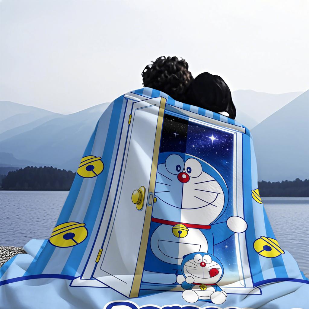 Doraemon Logo Pattern Fleece Blanket, Blue White Round Face with Red Nose Soft Throw, Cozy Couch Blanket for Kids Room