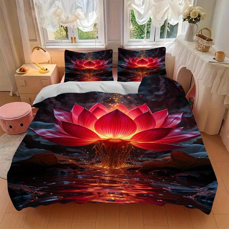 3pcs Lotus Bloom Soft Comfortable Bedding Set, For Bedroom, Guest Room And Dorm, All - Season Use, High-Definition Printing171