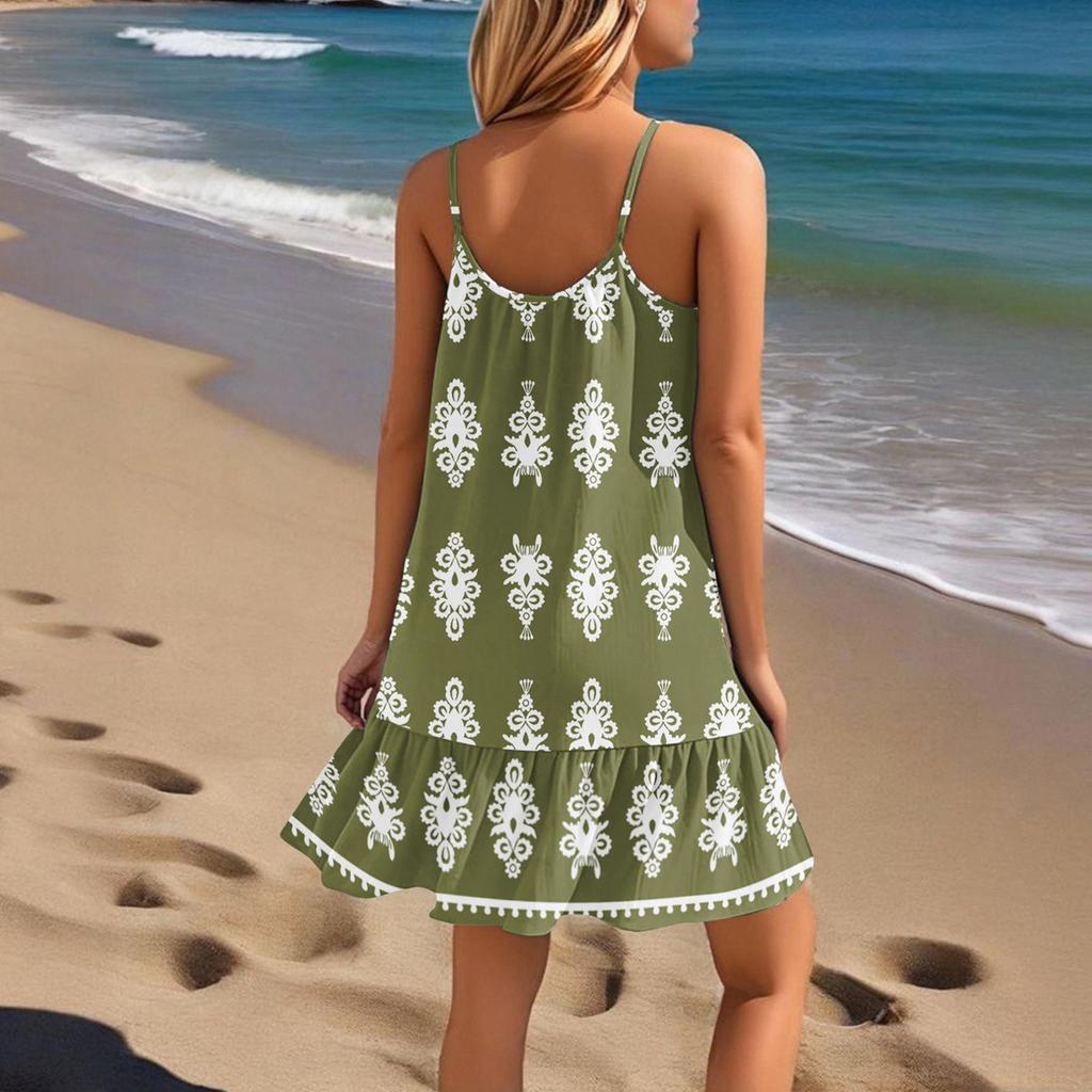 Women's Dresses Sleeveless Loose Casual Floral Print Hem Pleated Beach Dresses