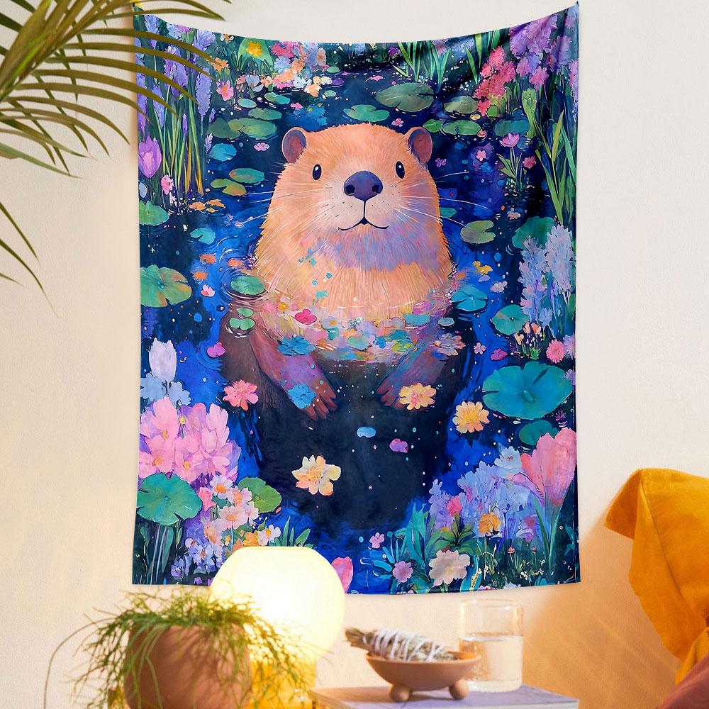 "Adorable Otter in Floral Pond Scene" Patterned tapestry home decor, suitable for bedroom and living room, gift