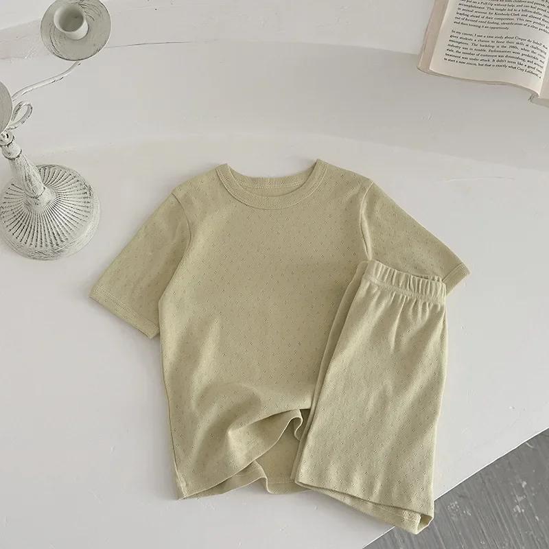 2025 Summer Kids' Breathable Cotton Pajamas - Unisex Solid Color Home Set