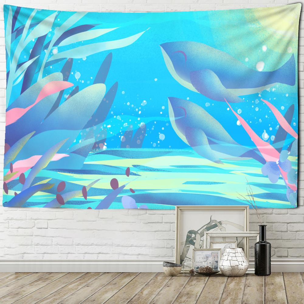 Japanese Whale Illustration Tapestry Wall Hanging Girl Sea Dragon Fish Bohemian Hippie Kawaii Carpet Children's Room Decor