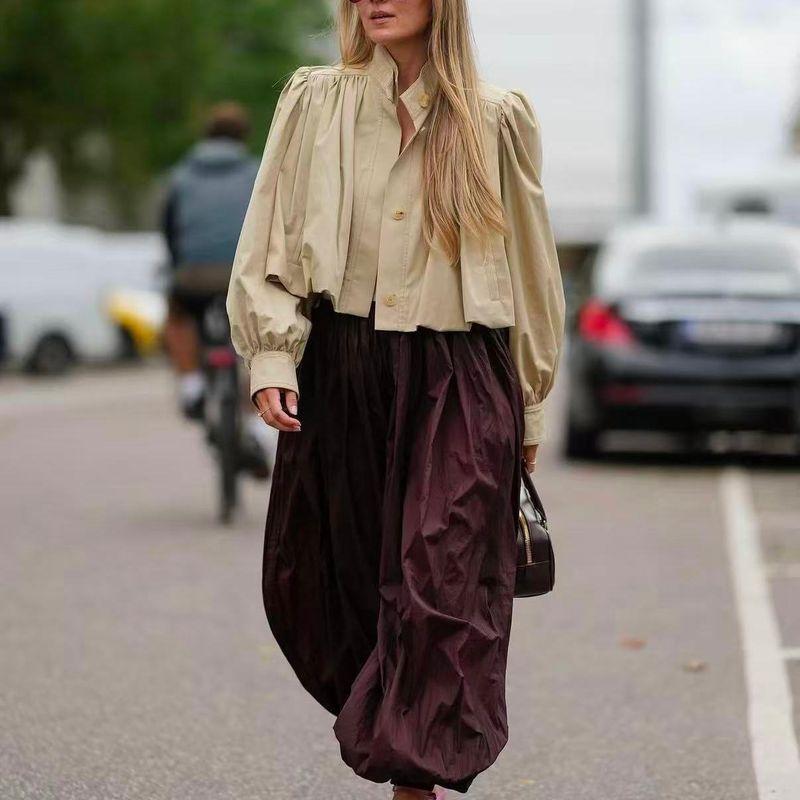 Counter Same Zbzr Autumn New Women clothes Western Style Fashion Stand Collar Lantern Sleeve Pleat Design Sense Top