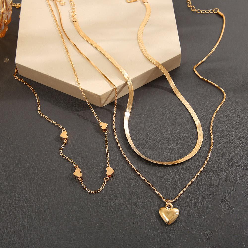 Women's Retro Geometric Heart Necklace with Snake Bone Chain - Three-dimensional Layered Design