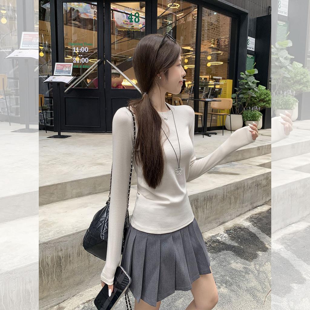 Korean Oat Crew Neck Autumn New Long-sleeved T-shirt with Bottoming Shirt Slim-fitting Lazy Temperament Top Women