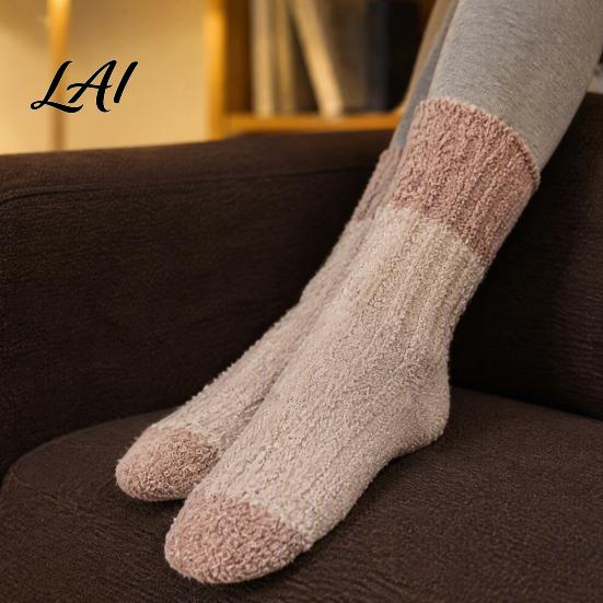 Non Shedding Velvet Socks Thickened Long Plush for Women Warm Coral Fleece Socks Cold Weather Indoor Winter Thermal Sleep Anti-static Contrast Color