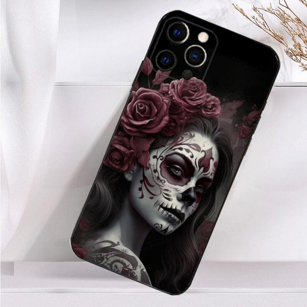 Mexican Catrina Skull Girl Phone Case For iPhone 16,15,14,13,12,11 Plus,Pro Max,XS,X,XR,SE,Mini,8,7 Soft Silicone Black Cover