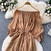 Dolce Abito da Donna Aderente A-line Scollo Bardot Maniche a Lanterna Vita con Fascia Raccoglitore Pizzo Giuntato Abito Lungo