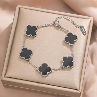 Pulsera de Trébol de la Suerte de Doble Cara de 15 MM en Oro de 18 Quilates Moda Lujo Ligero Cinco Flores Concha OL Acero de Titanio