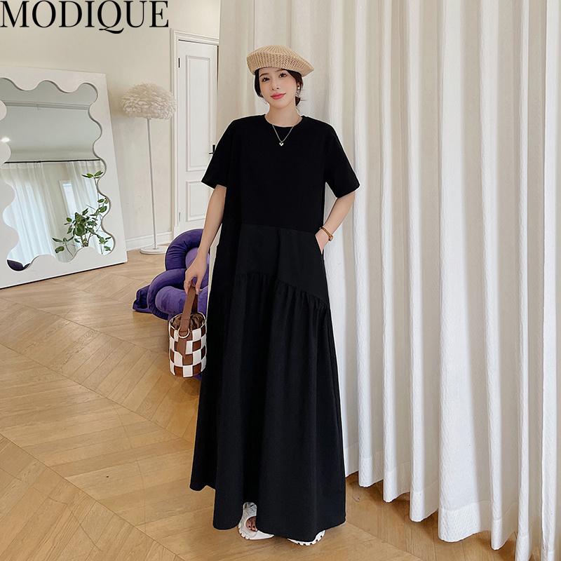 MODIQUE Letní nadměrná velikost Nová košile Dámské Volné Pevné Spletené Bavlněné Povlečení Šaty A-Line Ležérní Dámské Šaty s výstřihem do O Krátký rukáv