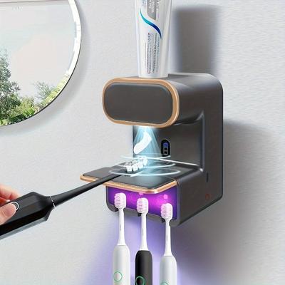 Suporte de Escova de Dentes com Esterilização UV Montado na Parede Suporte Inteligente com Sensor para Armazenamento de Escovas de Dentes Dispensador Automático de Pasta de Dentes