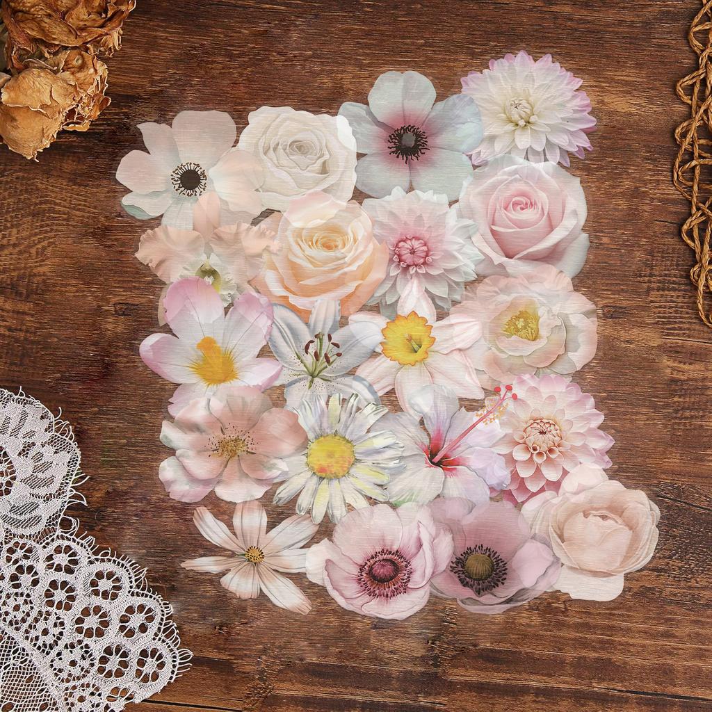 50 Transparent INS Pink Flower Stickers, Waterproof Transparent PET Handbook Material Decorative Guitar