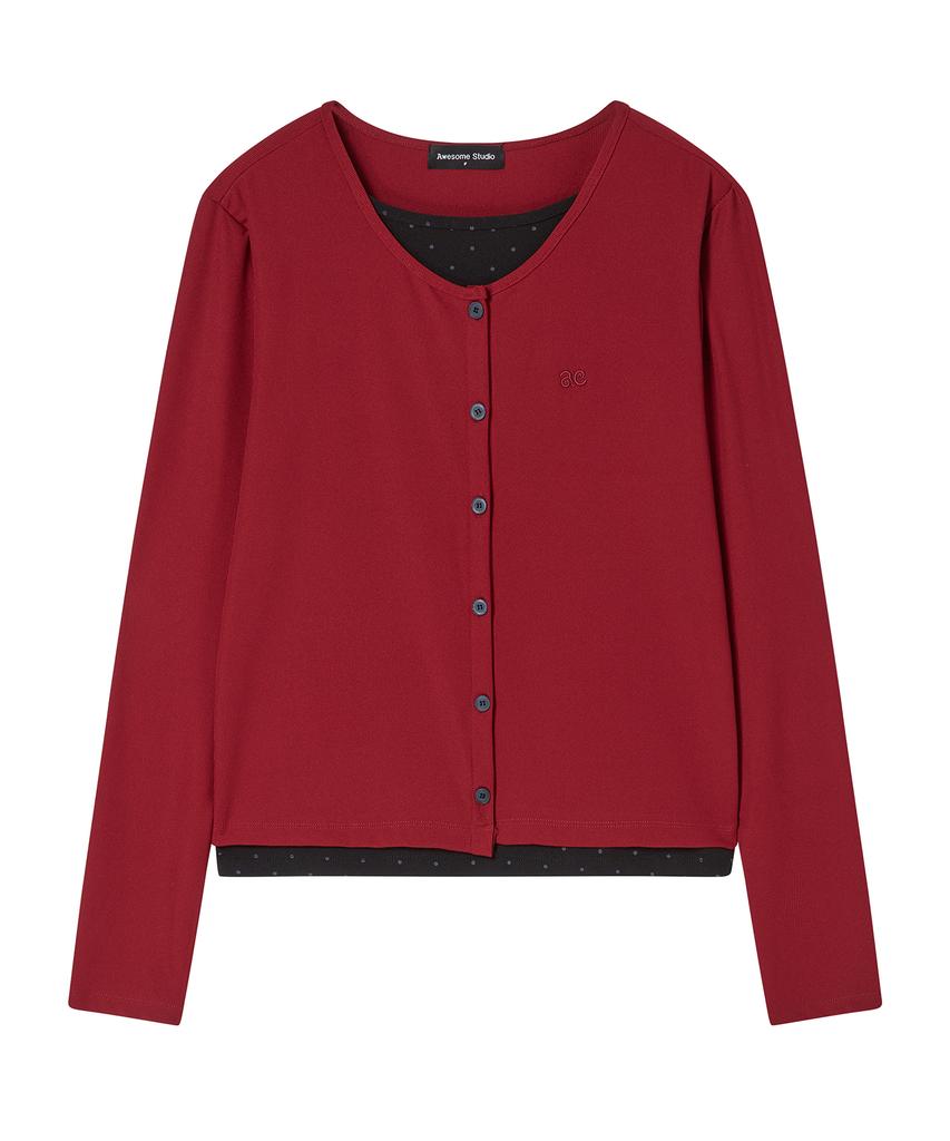 AWESOME STUDIO Layered Ribbed Cardigan T-Shirt Wine