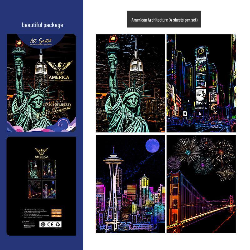 A5 Night View City Scenery DIY Scratch Painting for Kids - Eco-friendly Architecture Art Paper