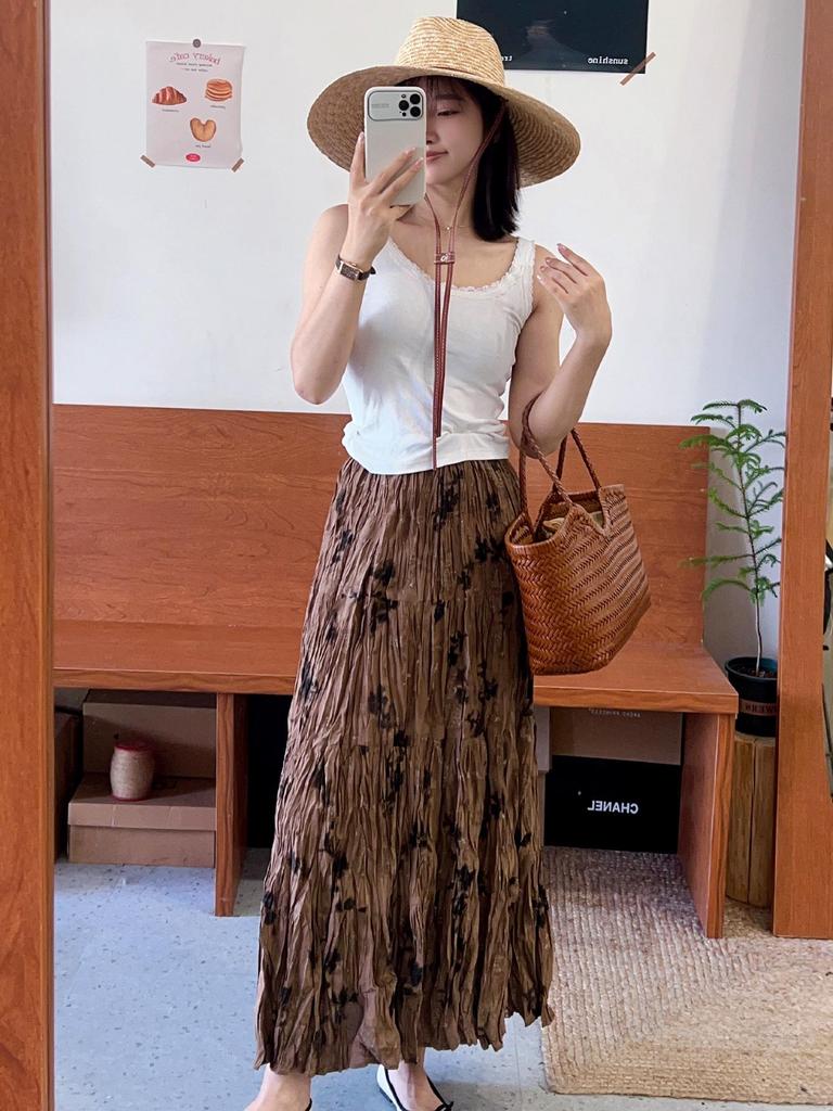 2024 French Retro Floral Pleated High-Waist Maxi Chiffon Skirt