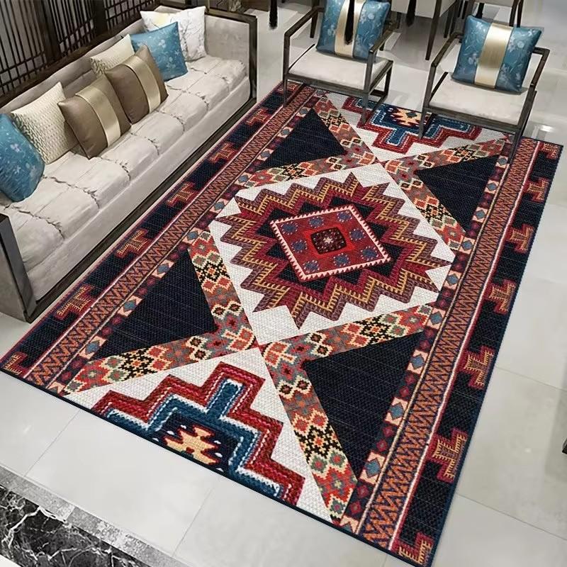 Alfombra Estampada Estilo Bohemio Rojo Retro Felpudo de Cocina Decoración Alfombra Vibrante para Sala de Estar Alfombra para Mesa de Café Antideslizante Lavable a Máquina