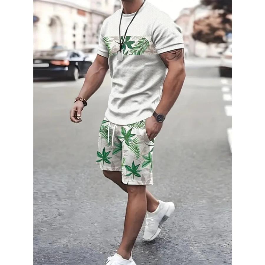 Summer Men's Sailor Short Sleeve Set Anchor Print Pattern Short Sleeve Shorts Set Men's Crew Neck T-Shirt and Drawstring Shorts