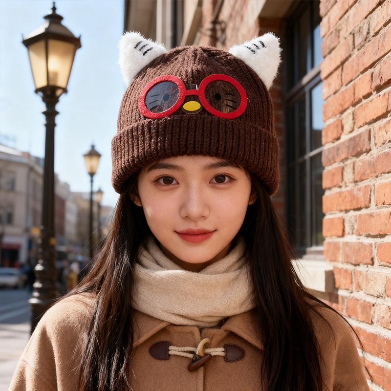 New Cute Glasses Cat Ears Hat for Women Autumn and Winter Warm Ear Protection Knitted Hat Showing Face Small Woolen Cold Hat