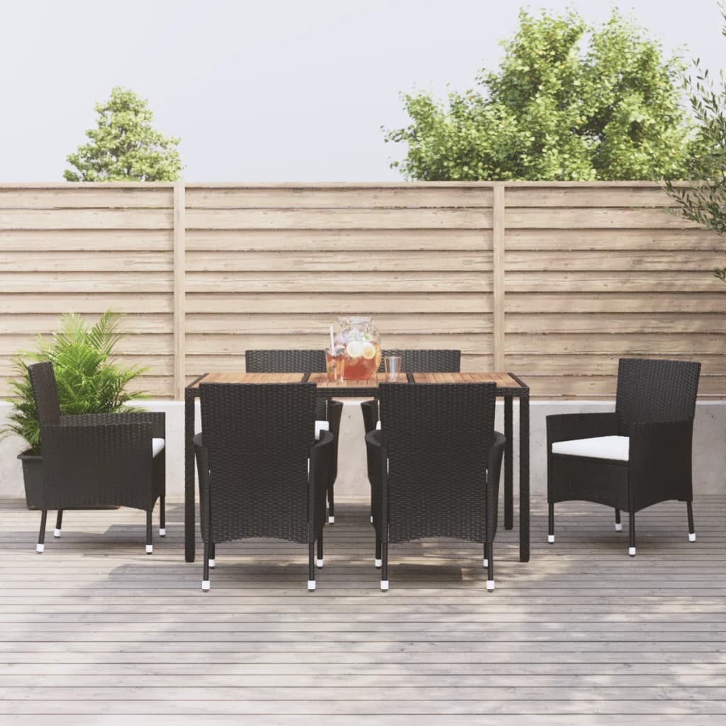 7 Piece Garden Dining Set with Cushions Black Poly Rattan