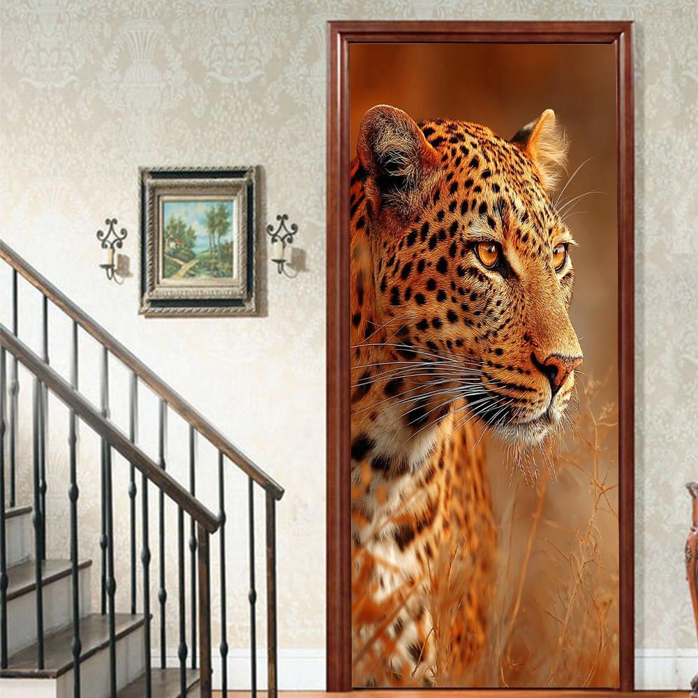 Pegatinas para puerta con diseño de león, realistas, despegables y pegables, para niños, decoración estética para sala de estar.